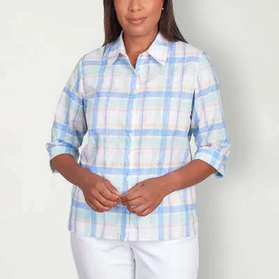 Alfred Dunner Classics Womens 3/4 Sleeve Regular Fit Button-Down Shirt