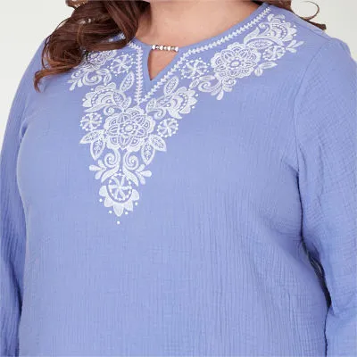 Alfred Dunner Plus Summer Breeze Womens Keyhole Neck 3/4 Sleeve Embroidered Blouse