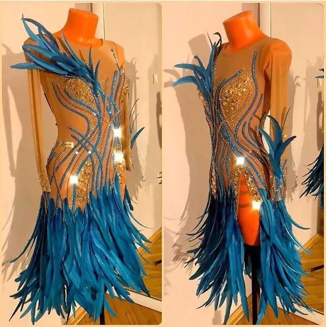 Beige & Blue Latin Dress with Feathers