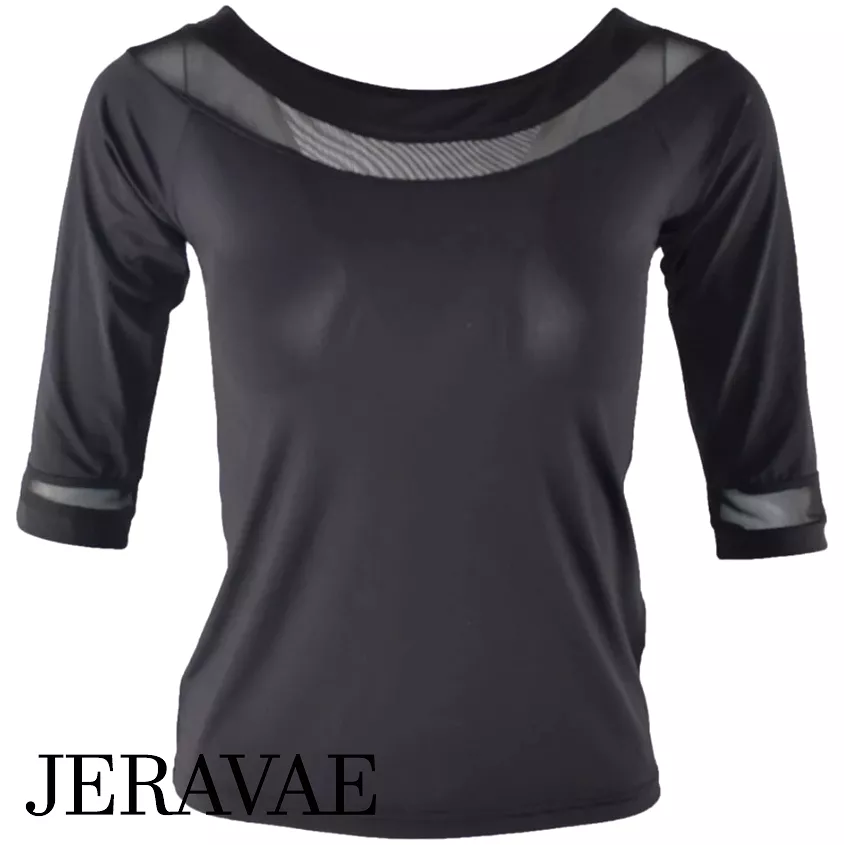 Black Latin or Ballroom Practice Tuck Out Top with Half Sleeves and Mesh Accents for Girls and Women PRA 1093_sale