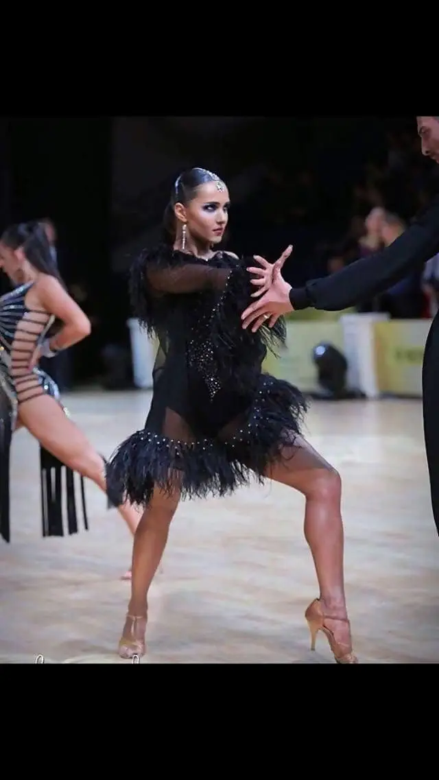 Black Transparent Latin Dress with Feathers