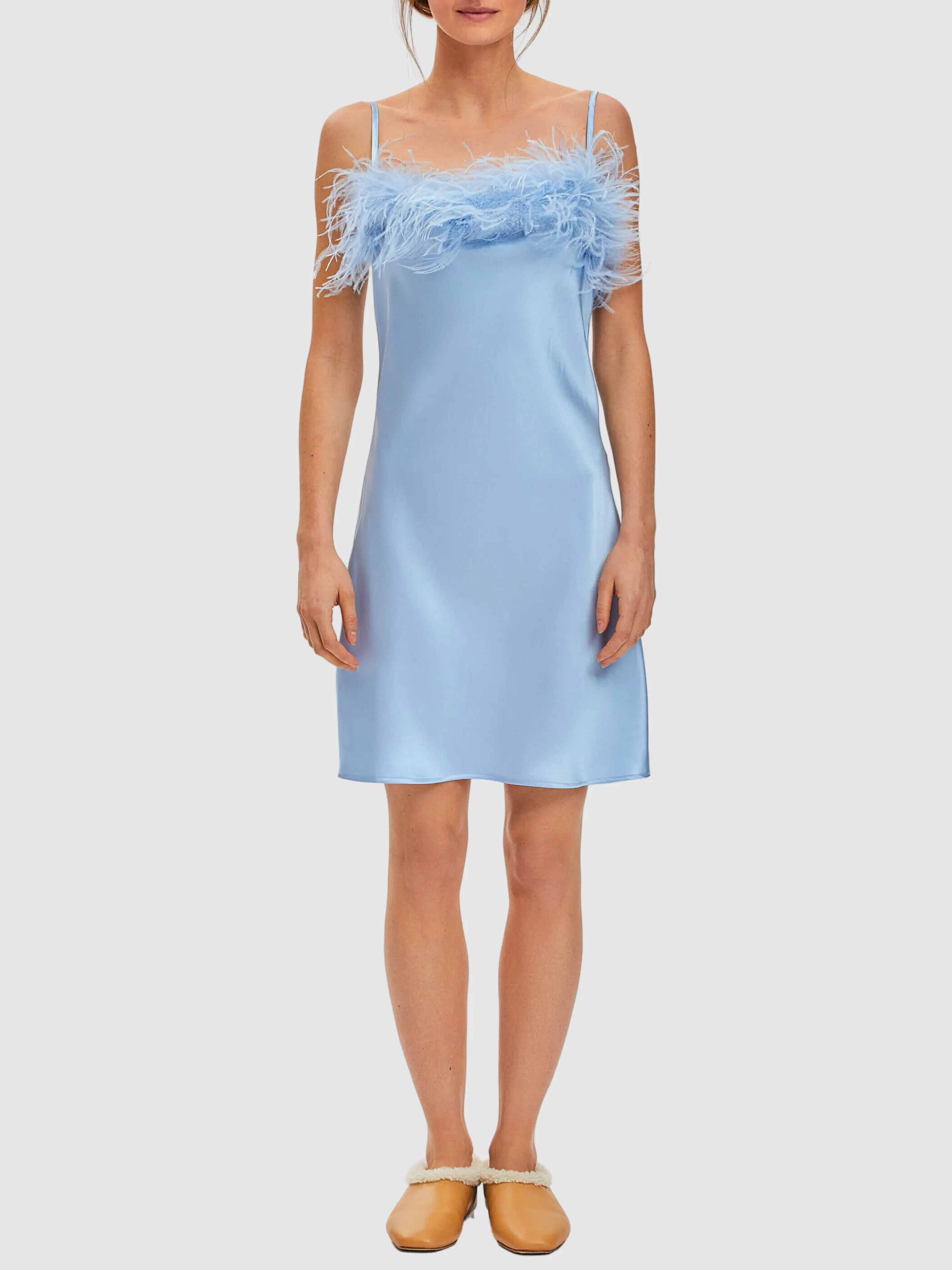 Boheme Mini Dress with Feathers in Light Blue