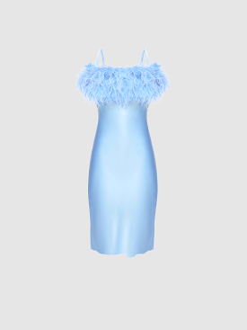 Boheme Mini Dress with Feathers in Light Blue