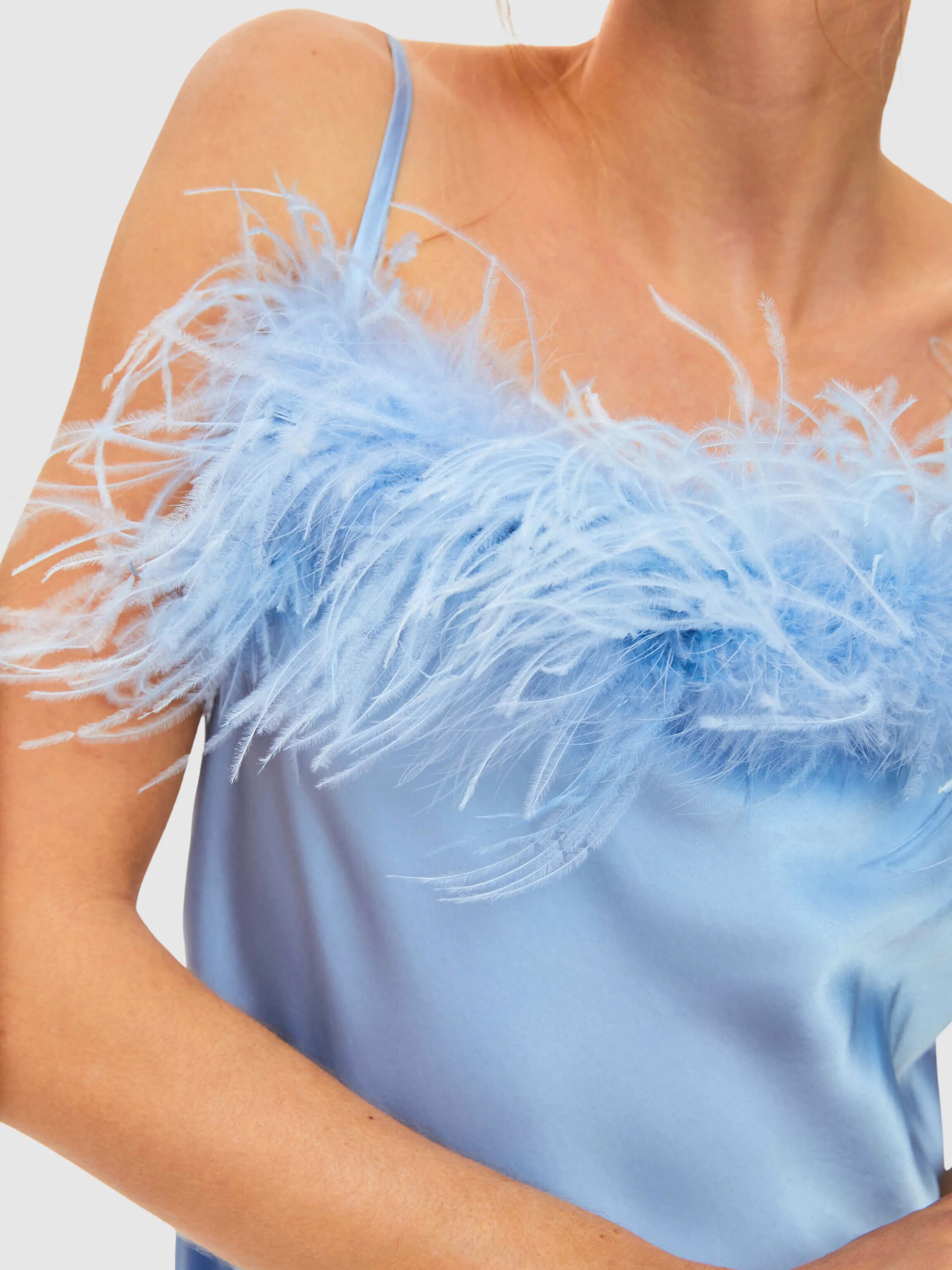 Boheme Mini Dress with Feathers in Light Blue