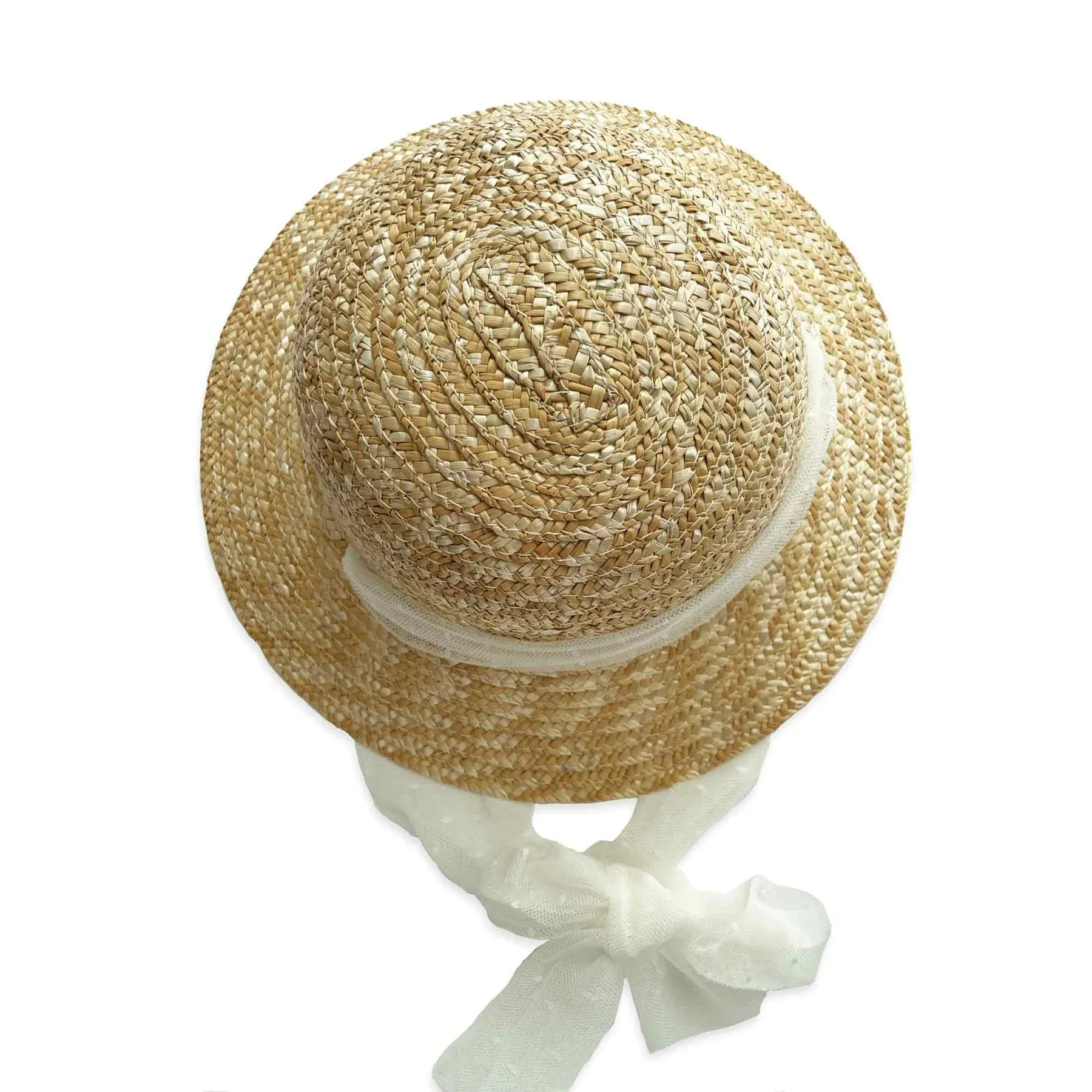 Ceremony Tulle Swiss Dot Canotier Straw Hat - Ivory