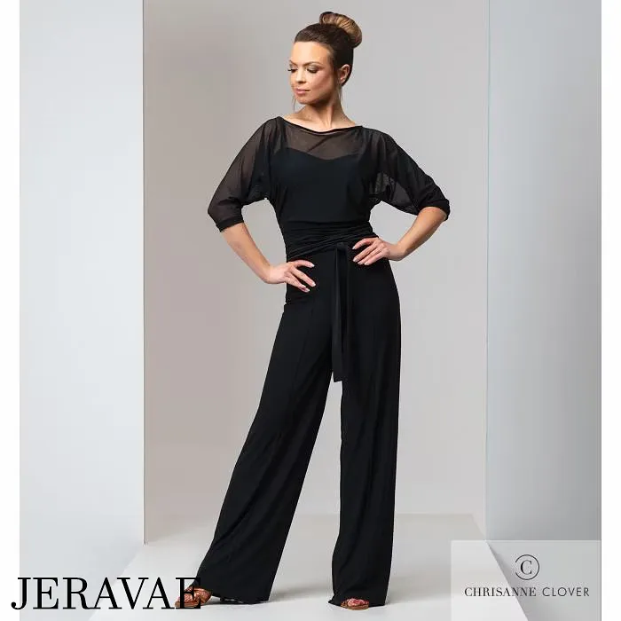 Chrisanne Clover Vogue Black Latin or Ballroom Practice Dance Trousers with Attached Belt Tie and Seamed Lines Pra947 in Stock