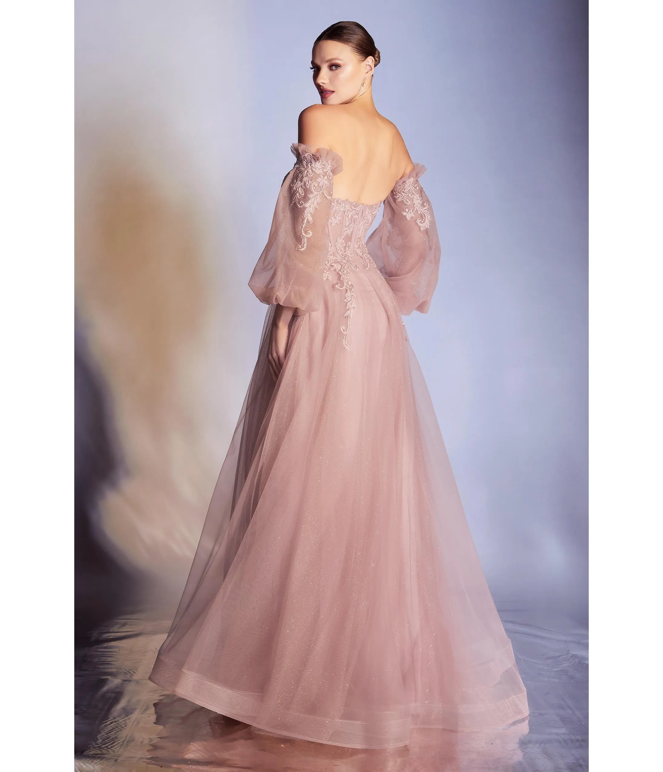 Cinderella Divine  Dusty Rose Glitter Off The Shoulder Corset Prom Gown