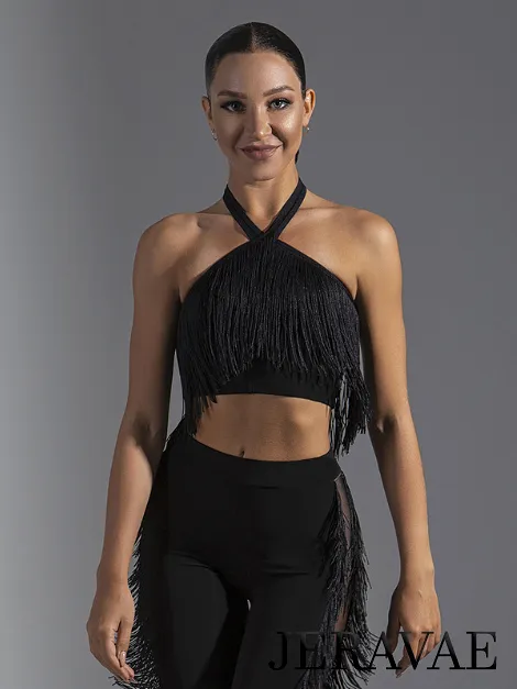 Crop Top Latin Practice Top with Fringe Accents and Halter Neckline PRA 597