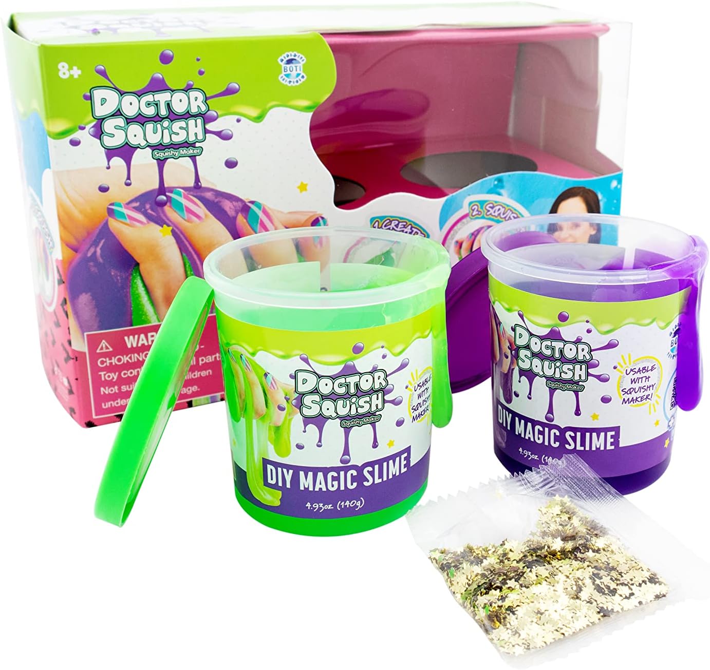 Doctor Squish - DIY Magic Slime Set, Twin Pack (Green & Purple), with Bag of Sparkles