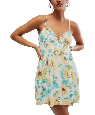 Free People Womens Floral Mini Mini Dress