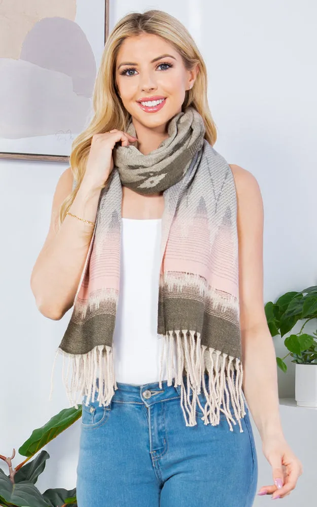 GAO4238 AZTEC PATTERN OBLONG SCARF W/FRINGES