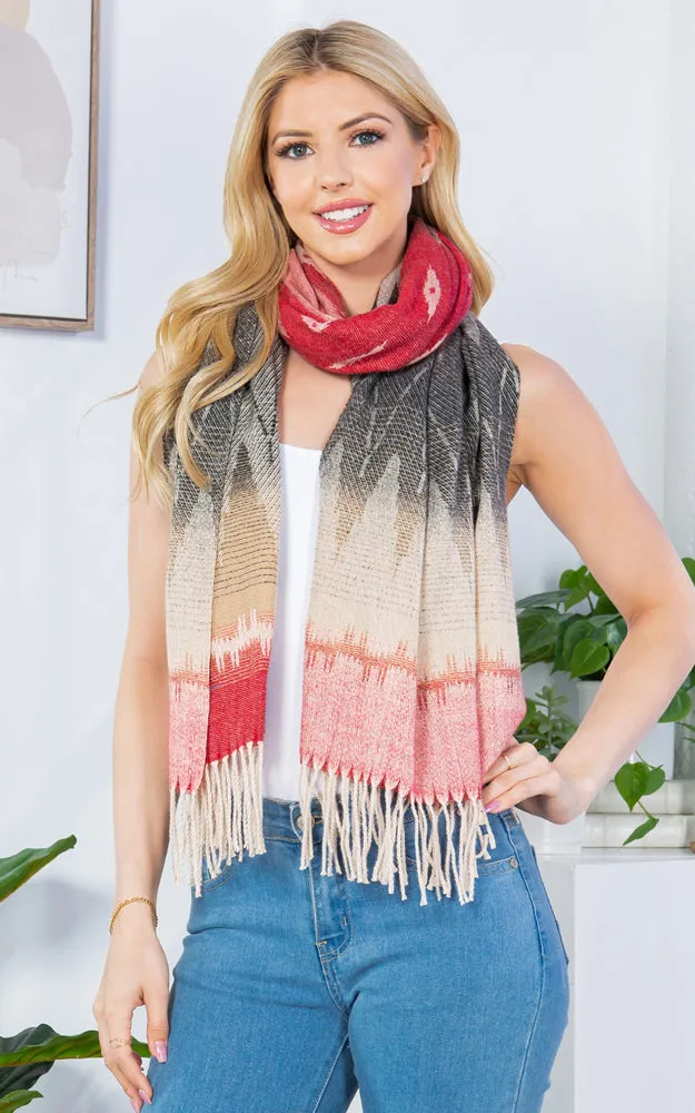 GAO4238 AZTEC PATTERN OBLONG SCARF W/FRINGES