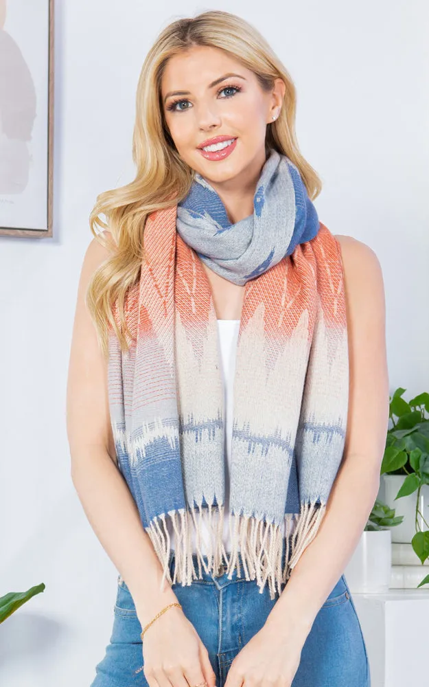 GAO4238 AZTEC PATTERN OBLONG SCARF W/FRINGES