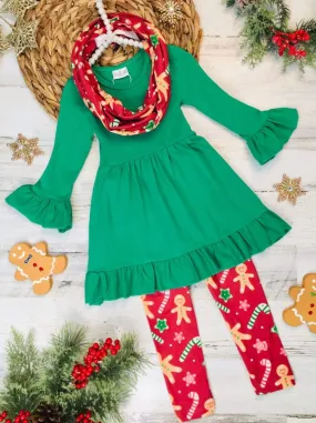 Girls Gingerbead Ruffled Tunic, Leggings and Scarf set