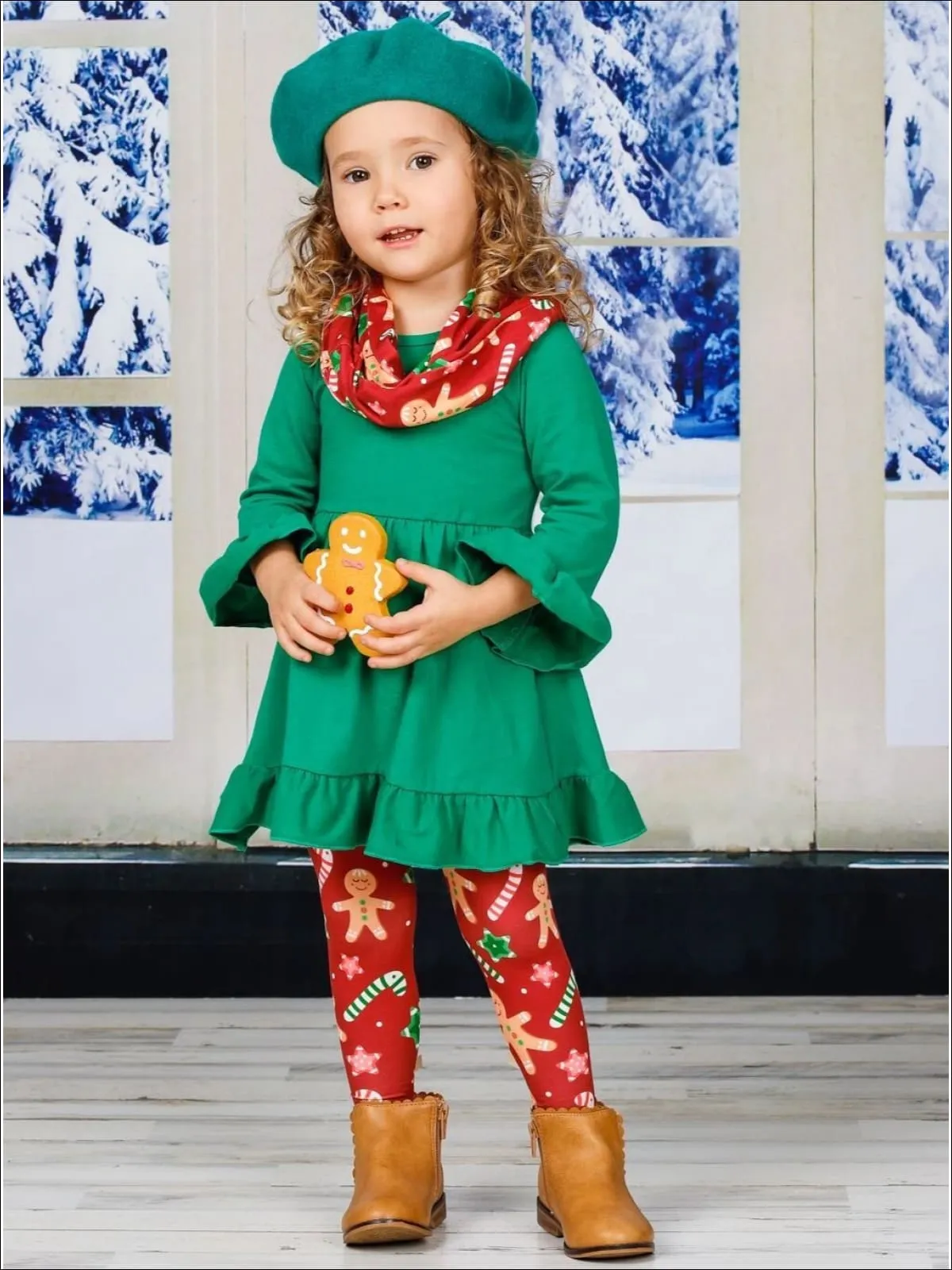 Girls Gingerbead Ruffled Tunic, Leggings and Scarf set