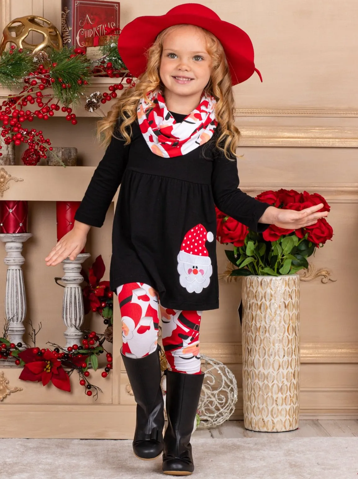 Girls Long Sleeve Santa Applique Tunic, Christmas Leggings And Scarf Set