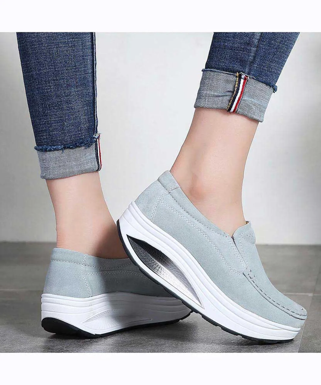 Grey hollow slip on rocker bottom shoe sneaker