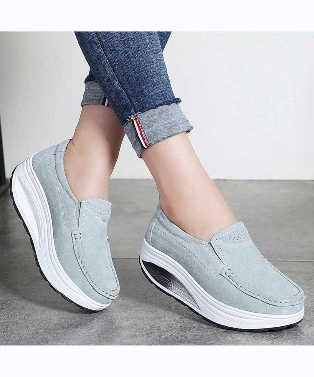 Grey hollow slip on rocker bottom shoe sneaker