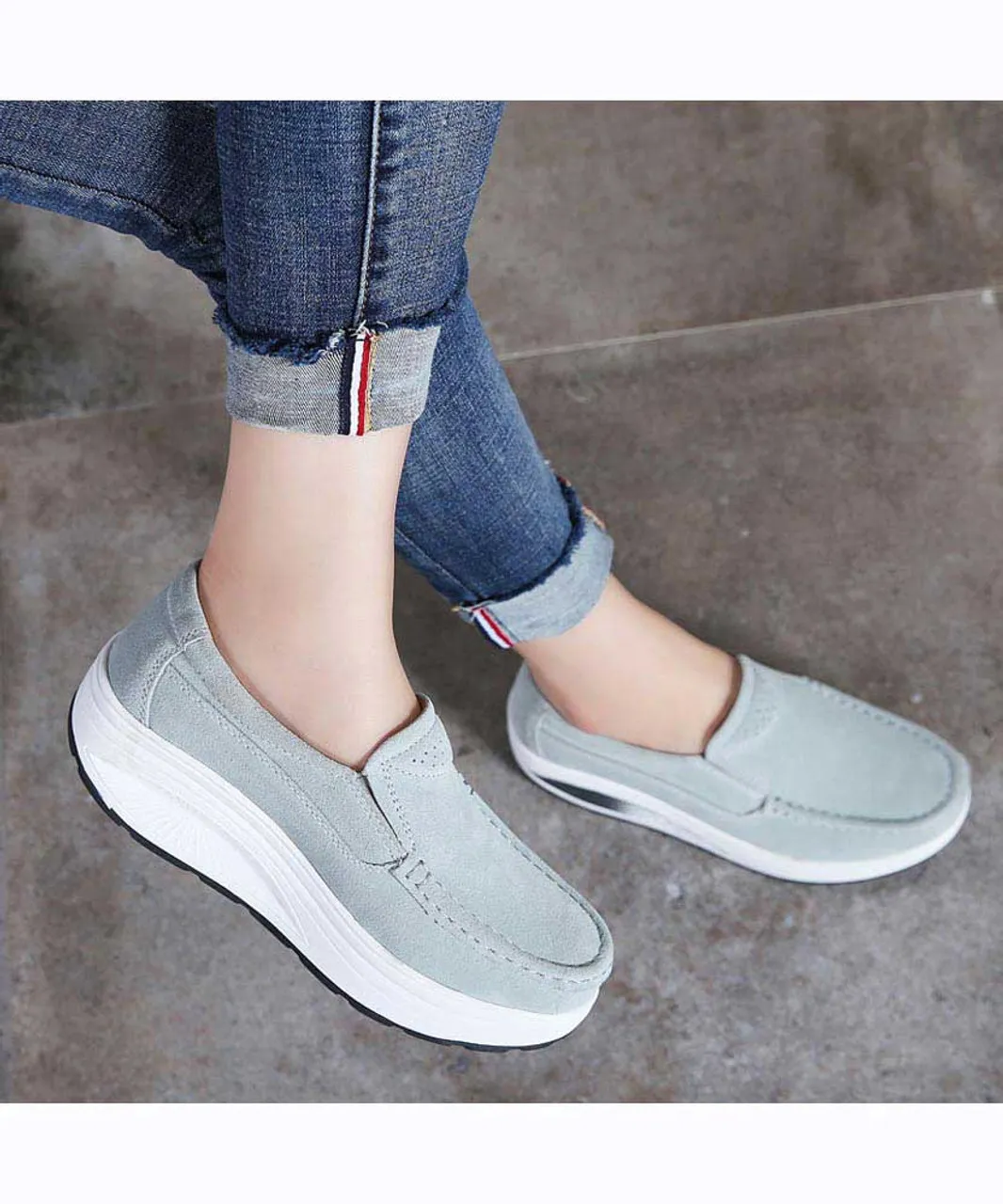 Grey hollow slip on rocker bottom shoe sneaker