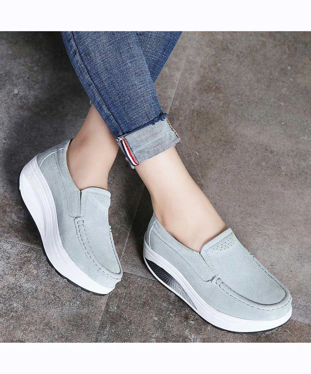 Grey hollow slip on rocker bottom shoe sneaker