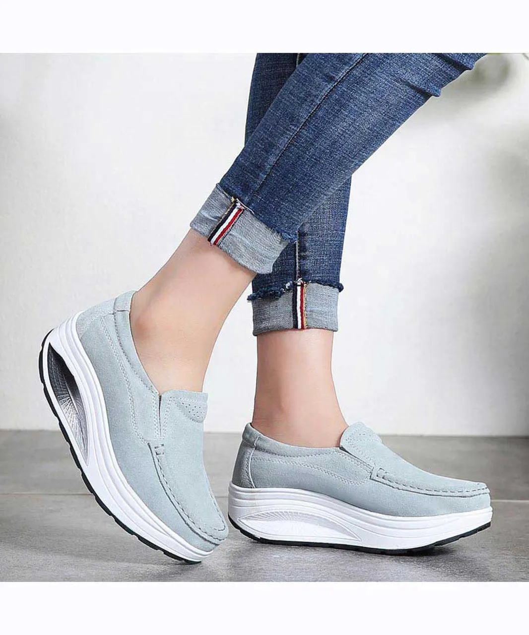 Grey hollow slip on rocker bottom shoe sneaker