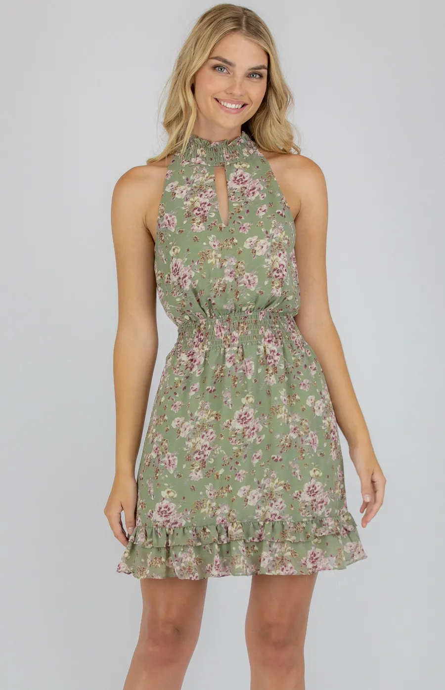 High Neck Floral Dress with Shirred Waistline (SDR749A)