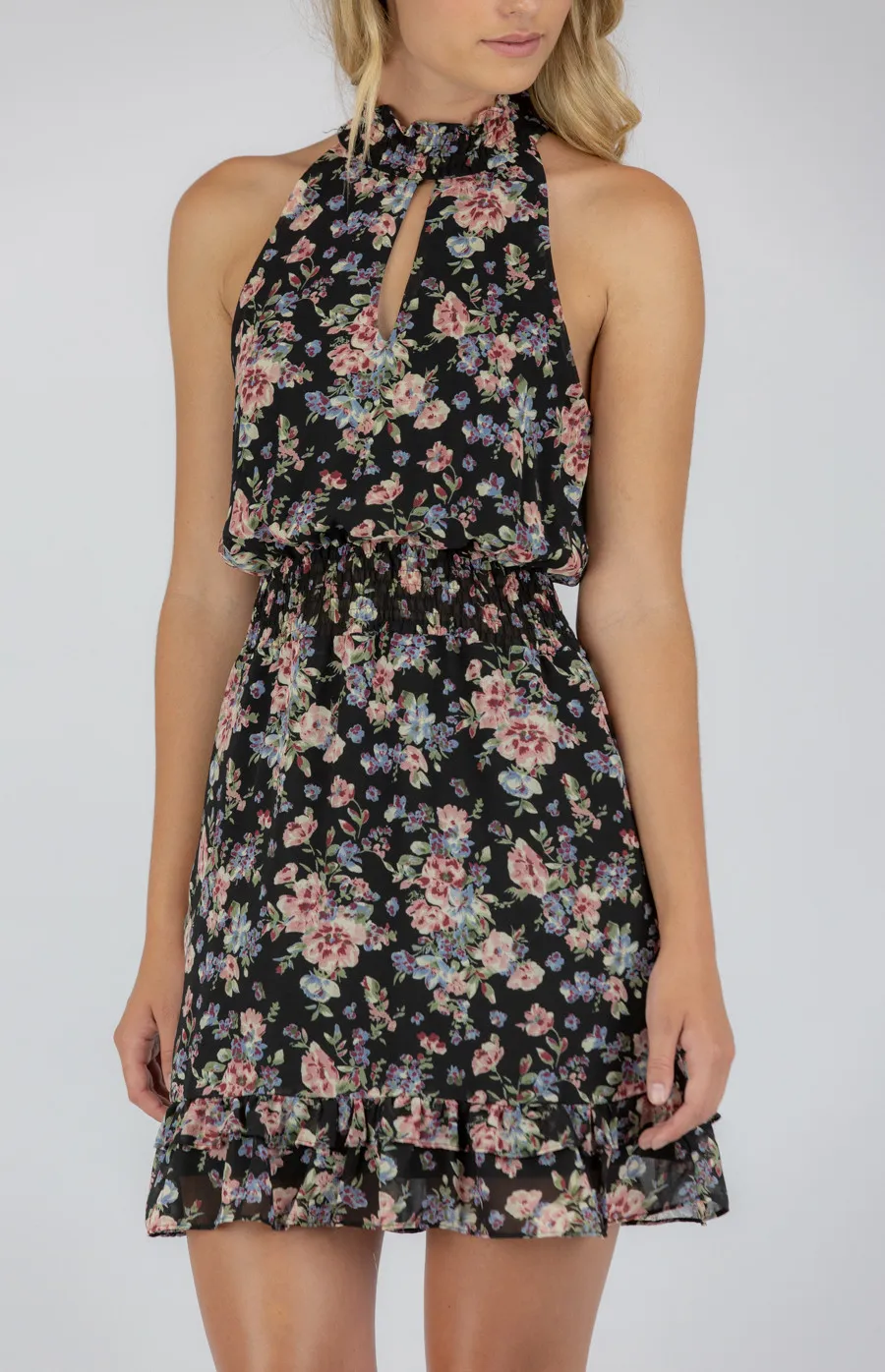 High Neck Floral Dress with Shirred Waistline (SDR749A)