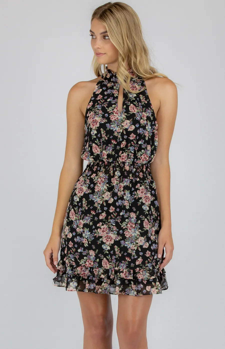 High Neck Floral Dress with Shirred Waistline (SDR749A)