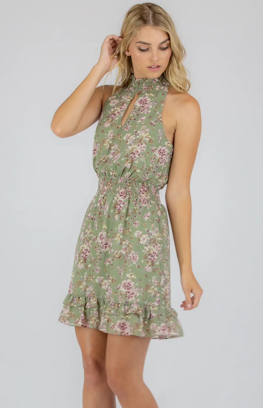 High Neck Floral Dress with Shirred Waistline (SDR749A)