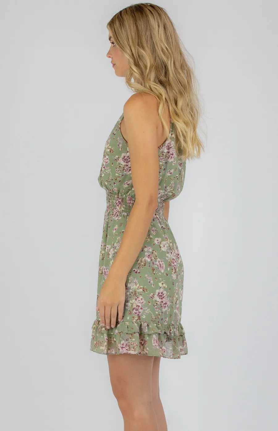 High Neck Floral Dress with Shirred Waistline (SDR749A)