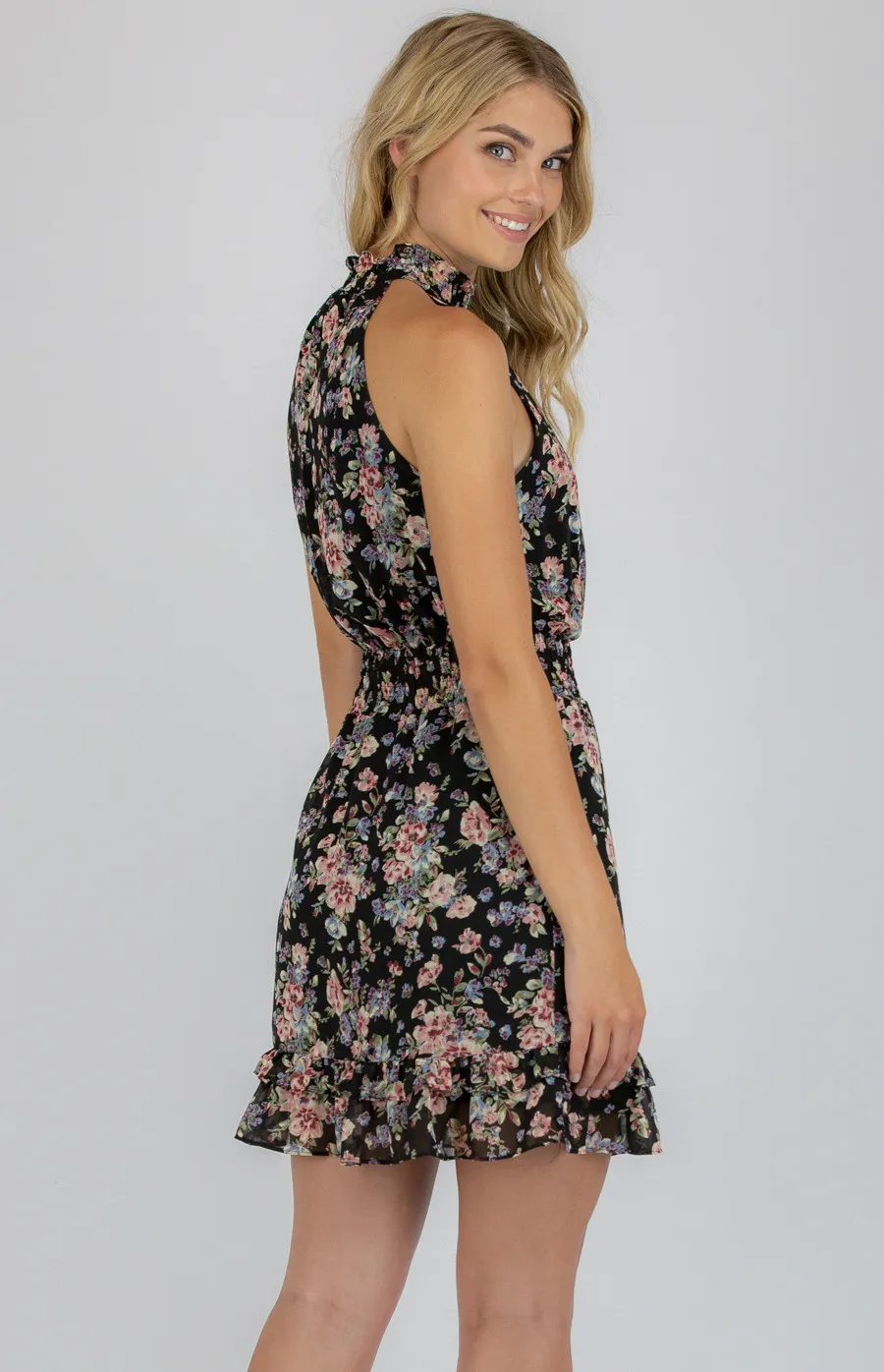 High Neck Floral Dress with Shirred Waistline (SDR749A)