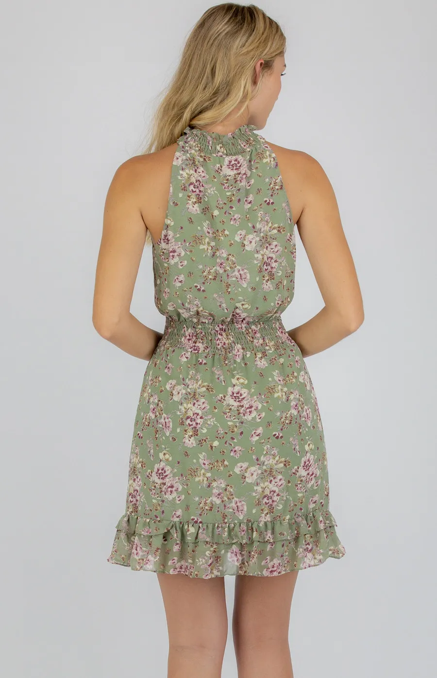 High Neck Floral Dress with Shirred Waistline (SDR749A)