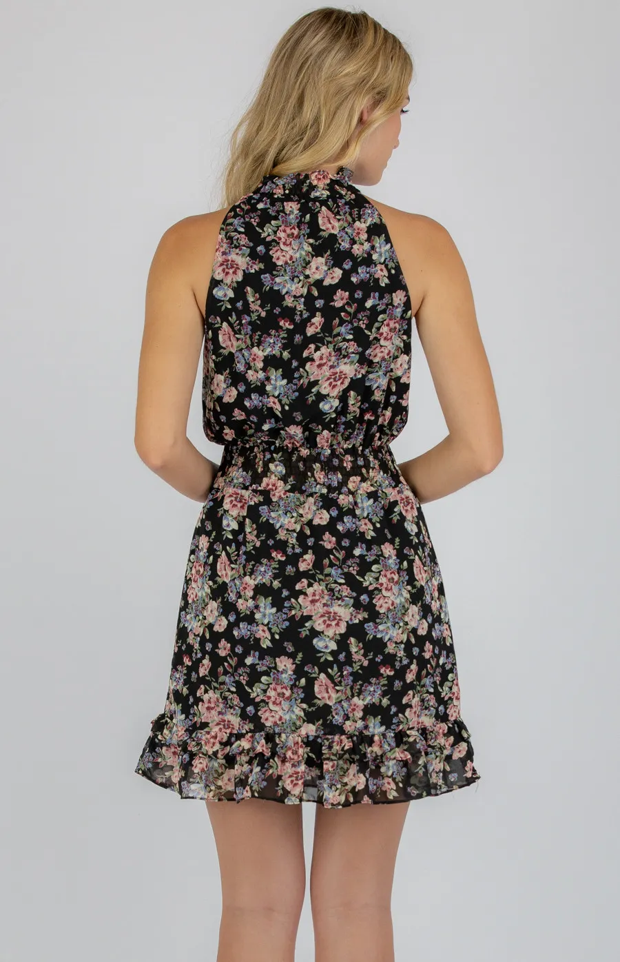 High Neck Floral Dress with Shirred Waistline (SDR749A)