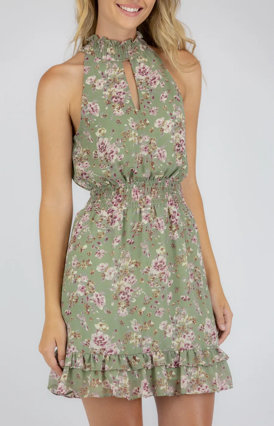 High Neck Floral Dress with Shirred Waistline (SDR749A)