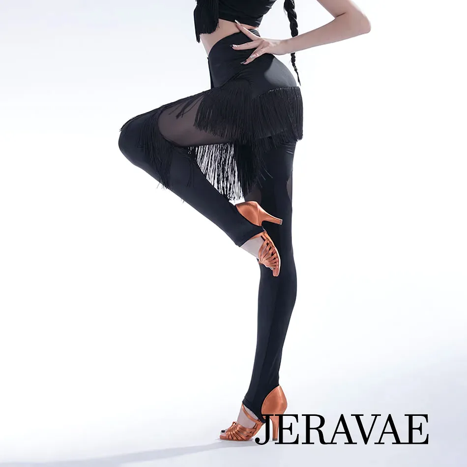 Ladies Black Fringe Latin Practice Dance Pants with Mesh Cutouts and Foot Stirrups PRA 1105 In Stock