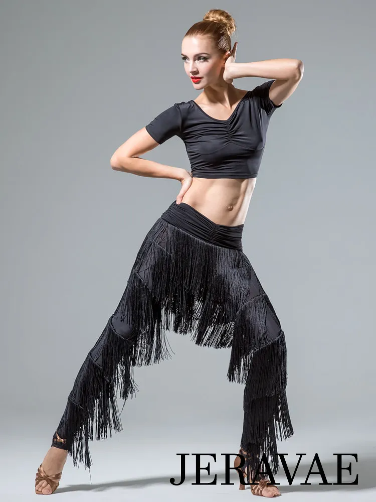 Ladies Fringe Latin and Rhythm Practice or Competition Pants with Layers of Fringe and Stirrup Feet Sizes S-4XL PRA 646