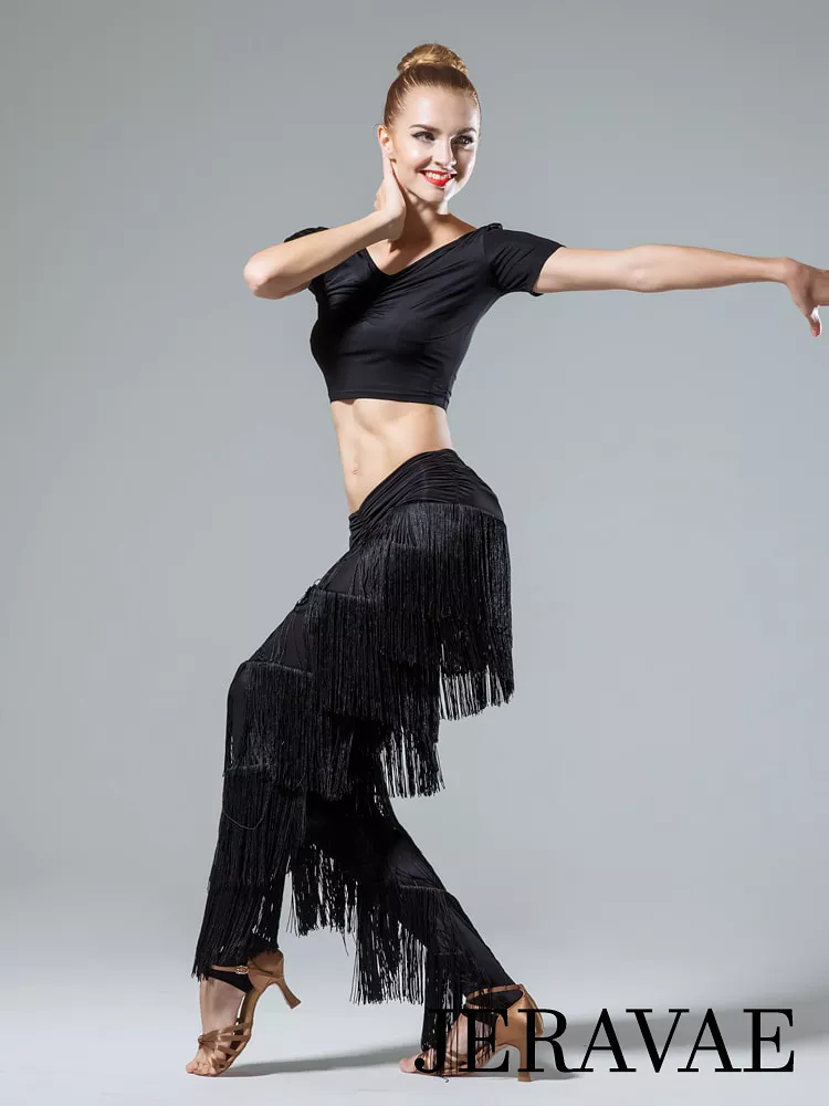 Ladies Fringe Latin and Rhythm Practice or Competition Pants with Layers of Fringe and Stirrup Feet Sizes S-4XL PRA 646