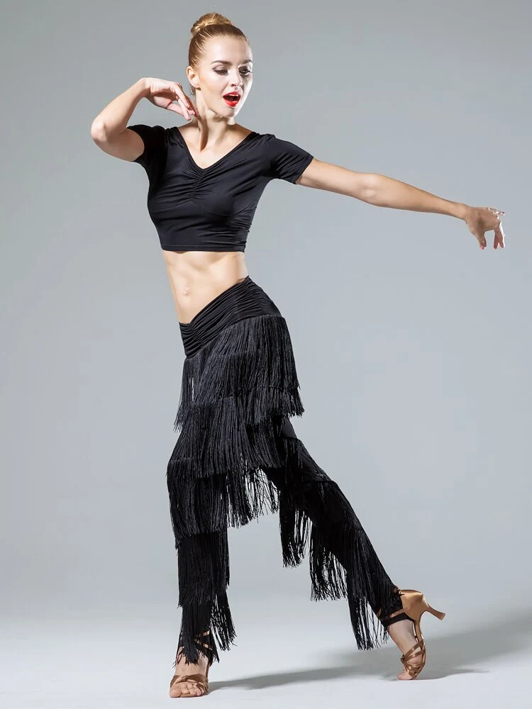 Ladies Fringe Latin and Rhythm Practice or Competition Pants with Layers of Fringe and Stirrup Feet Sizes S-4XL PRA 646