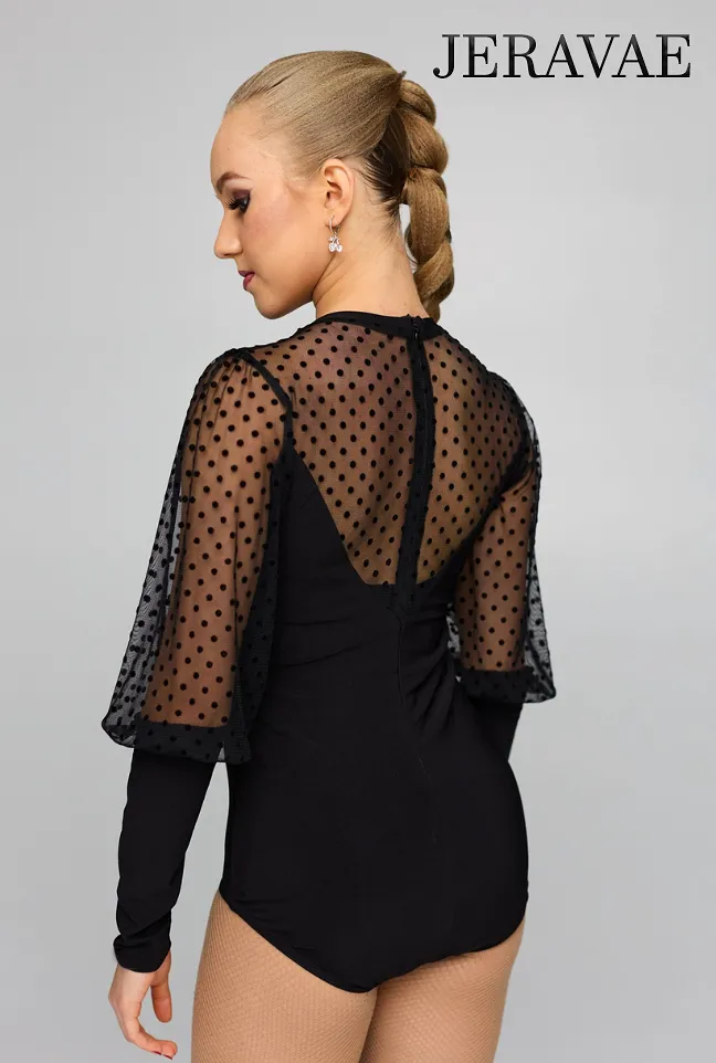 Latin or Ballroom Black Bodysuit Practice Top with Half Blousant Polka Dot Mesh Sleeves and Back Zipper Closure PRA 814