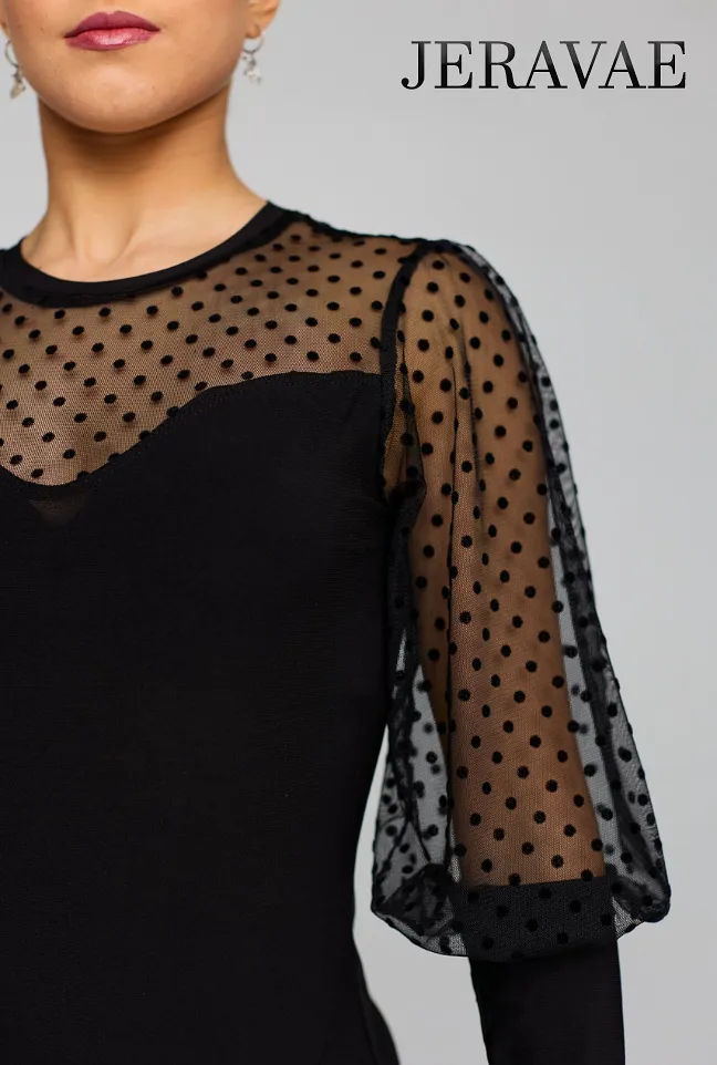 Latin or Ballroom Black Bodysuit Practice Top with Half Blousant Polka Dot Mesh Sleeves and Back Zipper Closure PRA 814