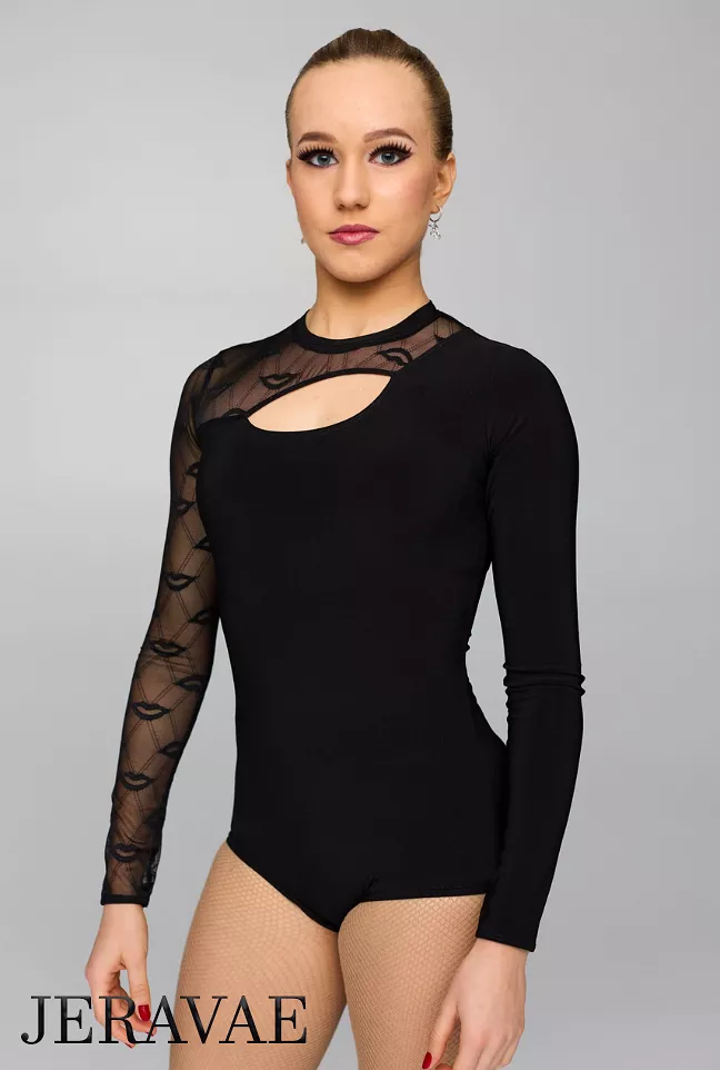 Latin or Ballroom Black Bodysuit Practice Top with Single Mesh Sleeve, Asymmetric Cutout, and Back Zipper Closure PRA 815