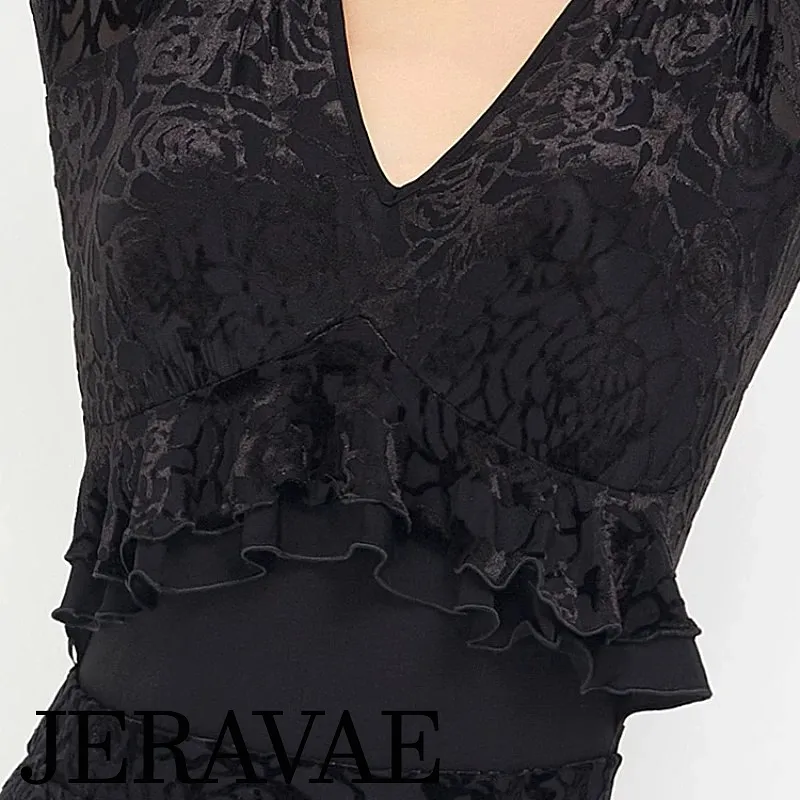 Latin or Ballroom Black V-Neck Practice Bodysuit Top with Front Ruffle, Long Sleeves, and Velvet Pattern PRA 1075 in Stock