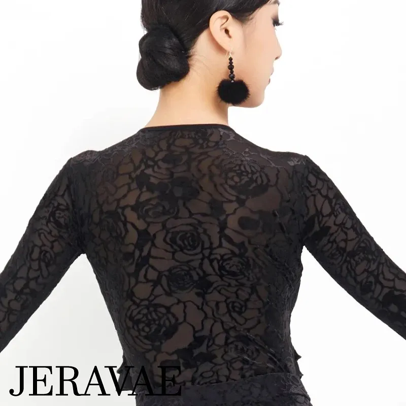 Latin or Ballroom Black V-Neck Practice Bodysuit Top with Front Ruffle, Long Sleeves, and Velvet Pattern PRA 1075 in Stock