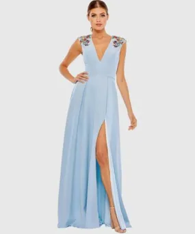 Mac Duggal Beaded Cap Sleeve V Neck A Line Maxi Gown In French