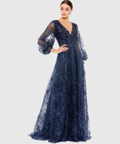 Mac Duggal Embellished Plunge Neck Puff Sleeve A Line Maxi Gown