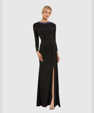 Mac Duggal Long Sleeve Jersey Ruched Maxi Gown with Beaded Neck