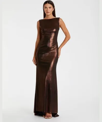 Mac Duggal Metallic Jersey Cowl Back Column Maxi Gown In Espresso