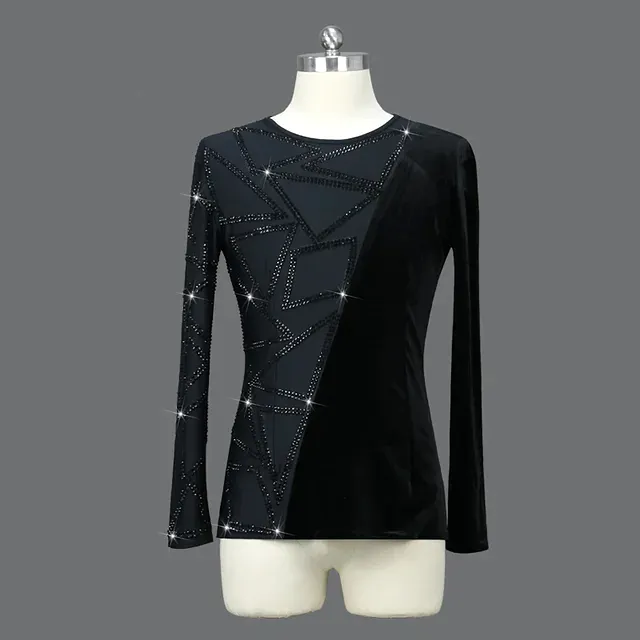 Men's Black Tuck Out Latin Shirt with Velvet Detail, Rhinestone Design, and Long Sleeves M096 in Stock