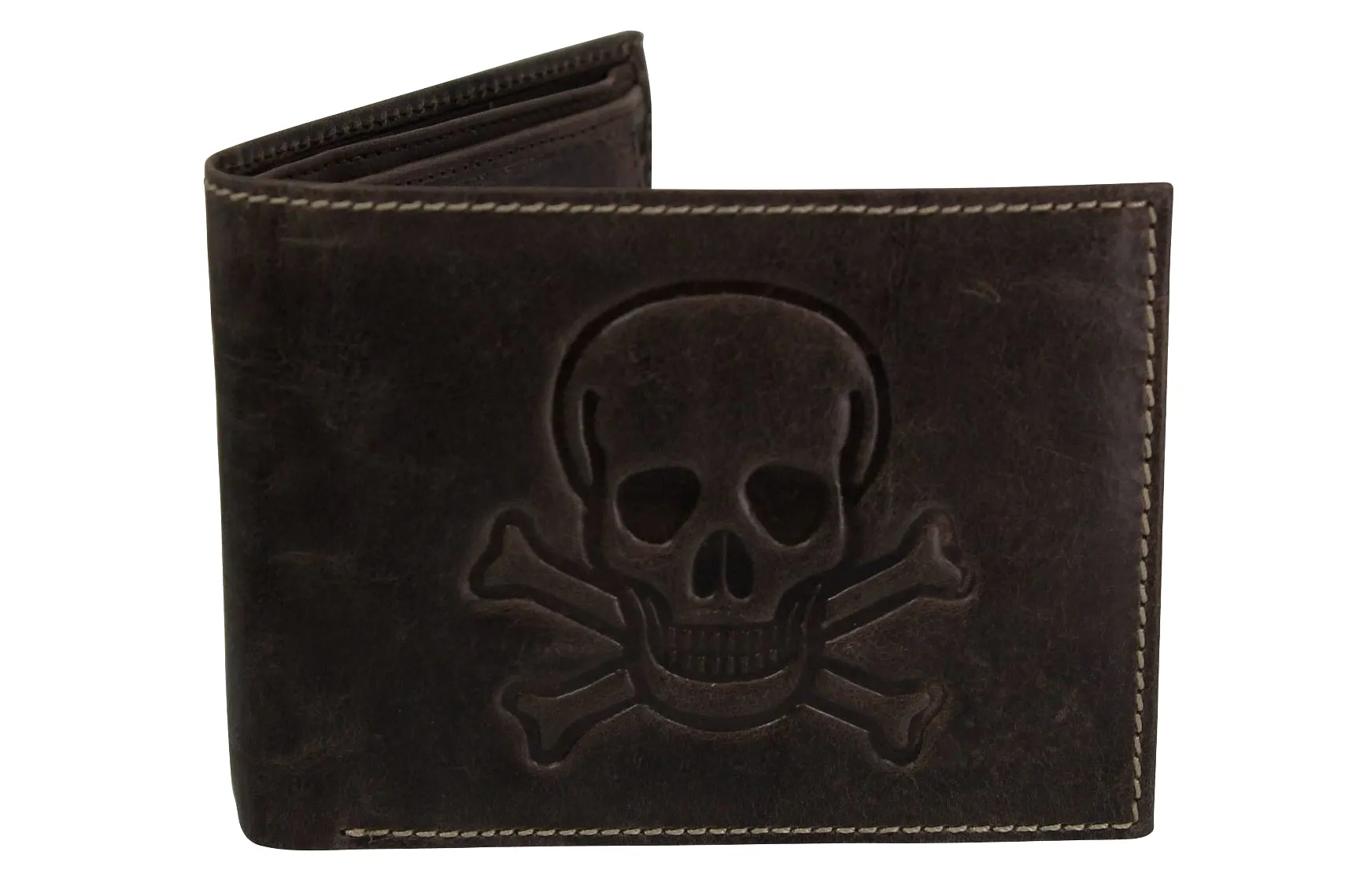 Mens Genuine Leather Wallet by Xact Clothing Embossed Skull & Cross Bones