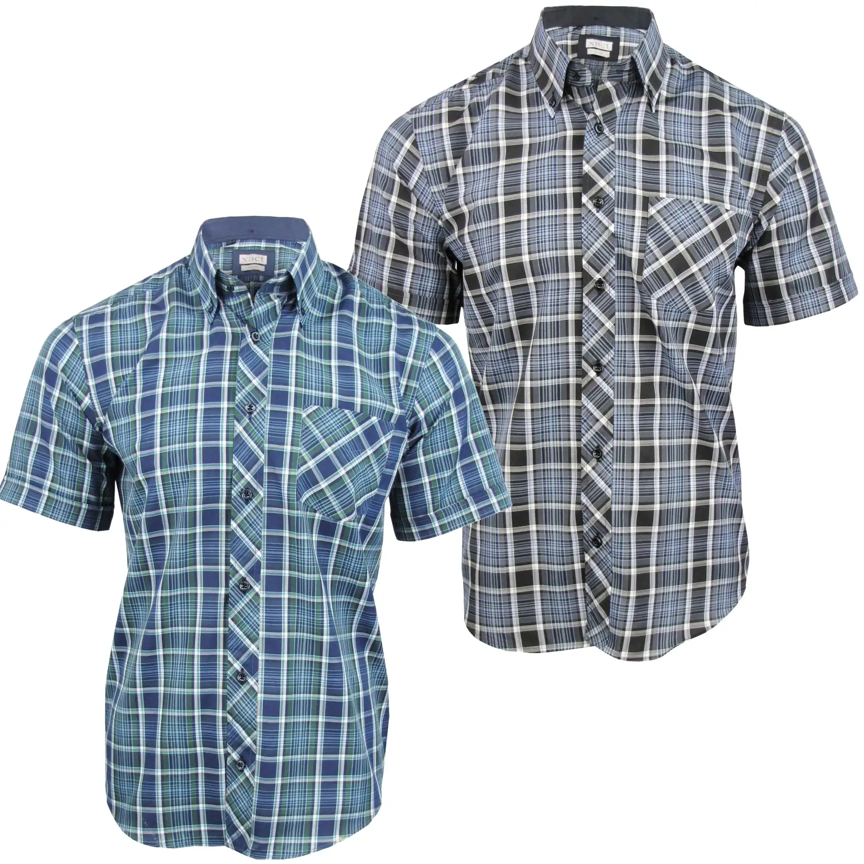 Mens Short Sleeve Check Shirt Button Down Collar Slim Fit By Xact